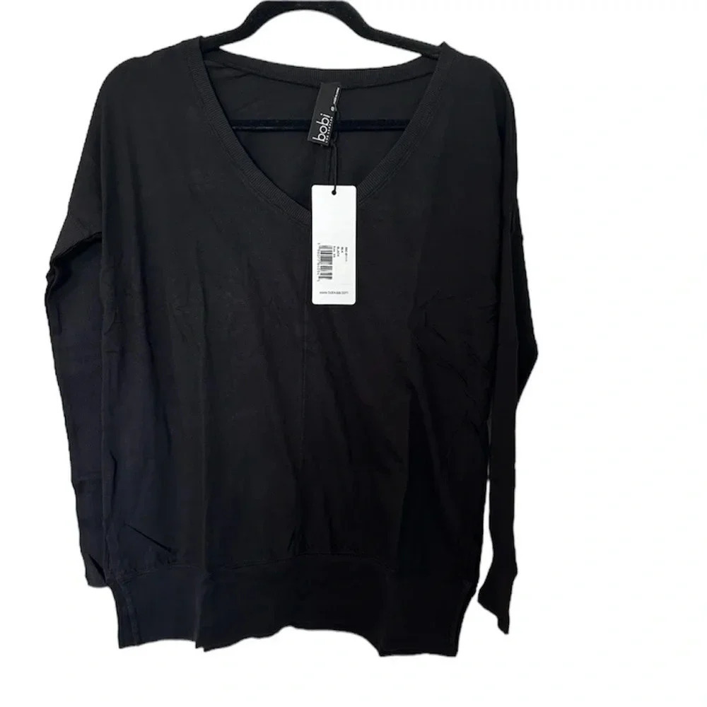 Bobi Women's Long Sleeve Black Ribbed Mix V-Neck Cotton Tee Size XS NWT